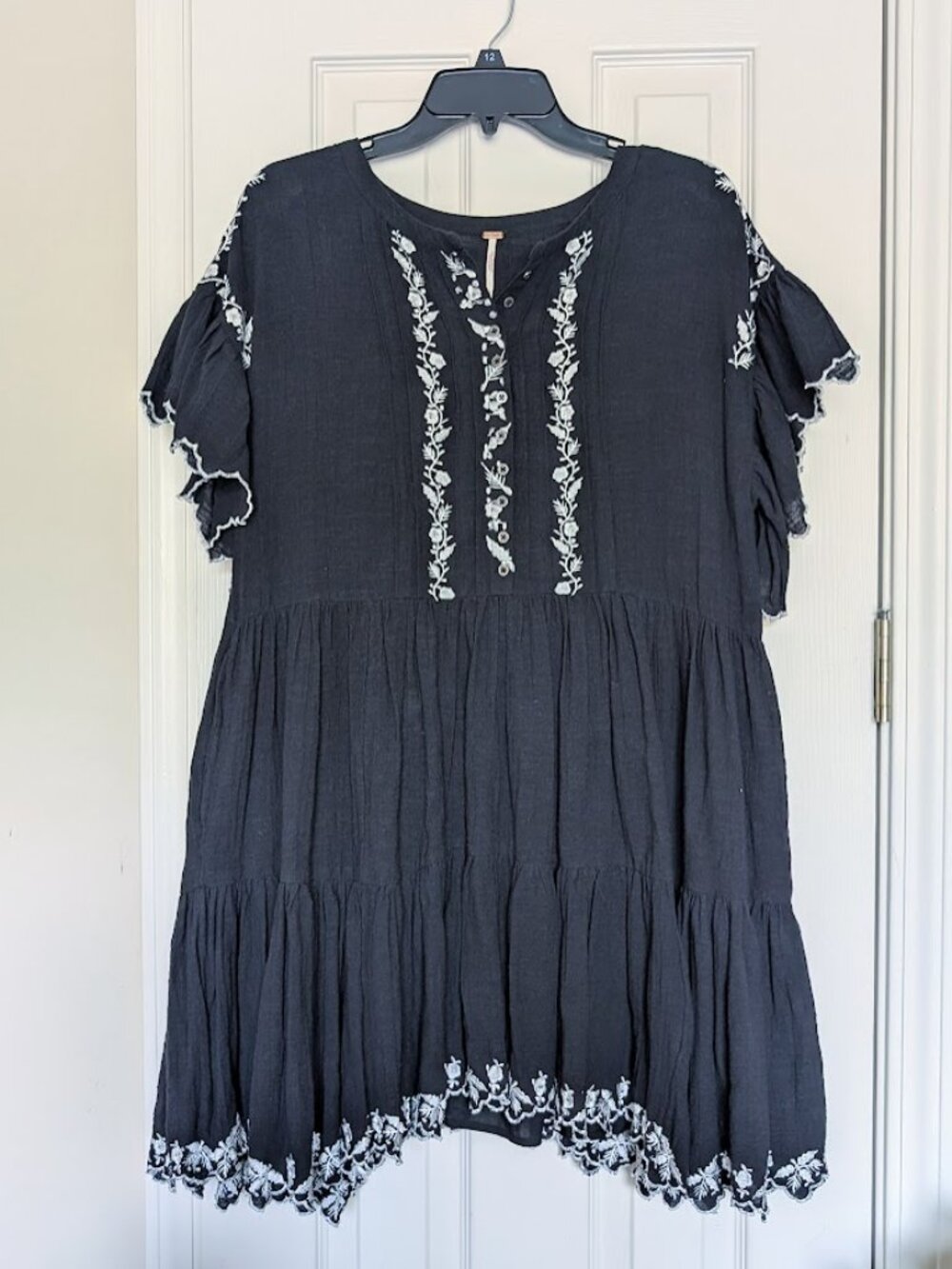 FREE PEOPLE Black Santiago Mini Dress Gauze White Embroidered Cotton Sz: S